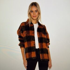 Anine Bing Samone Plaid Trucker Jacket Medium Wool Mohair Alpaca Orange Black